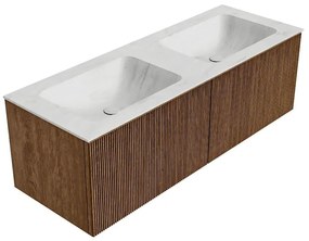 Mondiaz Kurve-dlux 130cm badmeubel walnut met 2 lades en wastafel leaf dubbel zonder kraangat opalo