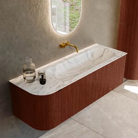Mondiaz Kurve-dlux 135cm badmeubel ronding links ruby met 1 lade en deur en wastafel big medium rechts zonder kraangat glace