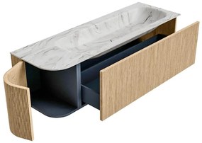 Mondiaz Kurve-dlux 145cm badmeubel ronding links oak met 1 lade en deur en wastafel big large kraangat rechts glace