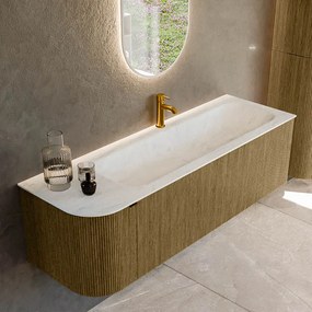 Mondiaz Kurve-dlux 145cm badmeubel ronding links dusk met 1 lade en deur en wastafel big large kraangat rechts opalo