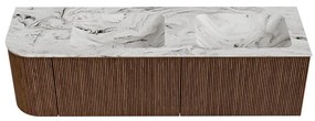 Mondiaz Kurve-dlux 155cm badmeubel ronding links walnut met 2 lades en 1 deur en wastafel leaf dubbel/rechts 2 kraangaten glace