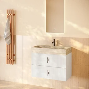 Muebles Murcia badmeubel ribbelfront 80cm wit mat met White Travertin wastafel met kraangat