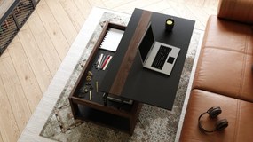LUSSO Zwart mat/Bruine Eik - MODERNE SALONTAFEL MET VERHOOGD BLAD + OPBERGRUIMTE + SCHAP (OP WIELEN!)