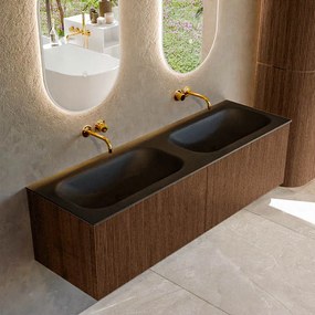Mondiaz Kurve 150cm badmeubel walnut met 2 lades en wastafel big small dubbel zonder kraangat urban