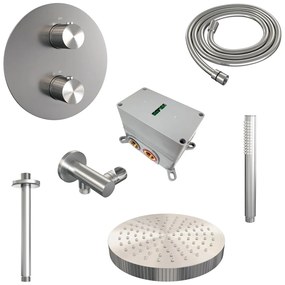 Brauer Stripe inbouw regendouche rond met 25cm hoofddouche, plafondarm en staafhanddouche set 39 RVS geborsteld PVD