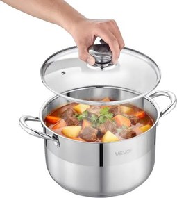 VEVOR roestvrijstalen soeppan van 7,6 liter met glazen deksel, geschikt voor inductiekookplaten, hoogwaardige pastapan, PFOA-vrij, PFAS-vrij, voor gas- en elektrische kookplaten, ideaal voor stoofschotels, pasta en soepen.