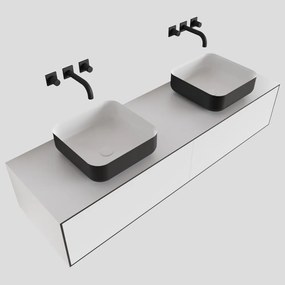 Zaro Lagom volledig naadloos solid surface onderkast met topblad 150cm mat zwart met 2 lades Push tot open. Compleet met solid surface opzetkom met 0 kraangat(en)