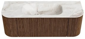 Mondiaz Kurve-dlux 130cm badmeubel ronding links/rechts walnut met 1 lade en 2 deuren en wastafel big small midden 1 kraangat frappe