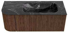 Mondiaz Kurve-dlux 115cm badmeubel ronding links walnut met 1 lade en deur en wastafel big small kraangat rechts lava