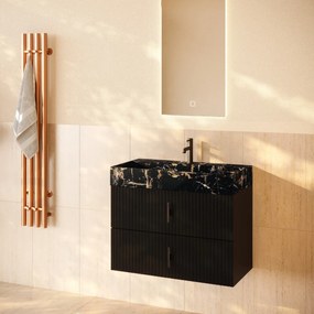 Muebles Murcia badmeubel ribbelfront 80cm zwart mat met Portoro Gold wastafel met kraangat