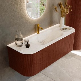 Mondiaz Kurve-dlux 130cm badmeubel ronding links/rechts ruby met 1 lade en 2 deuren en wastafel big small midden 1 kraangat frappe