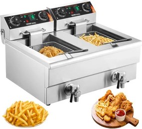 VEVOR Commerciële Friteuse 2 x 8 L, Elektrische 3 kW Tafelmodel Friteuse met Dubbele Tank & Mand, Dubbele Roestvrijstalen Friteuse, Tijd- en Temperatuurregeling, voor Keuken en Restaurants