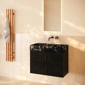 Muebles Murcia badmeubel ribbelfront 80cm zwart mat met Portoro Gold wastafel zonder kraangat