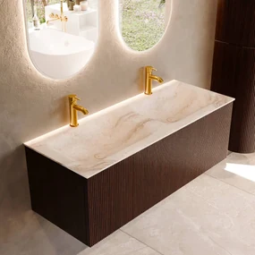 Mondiaz Kurve-dlux 120cm badmeubel ruby met 1 lade en wastafel leaf dubbel 2 kraangaten frappe