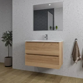 Adema Chaci Badkamermeubelset - 80x45x57cm - 1 ovale keramische wasbak wit - 1 kraangat - 2 lades - rechthoekige spiegel - eiken SW1212767/SW718717/SW724611