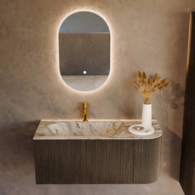 Mondiaz Kurve-dlux 105cm badmeubel ronding rechts shadow met 1 lade en deur en wastafel big small kraangat links glace