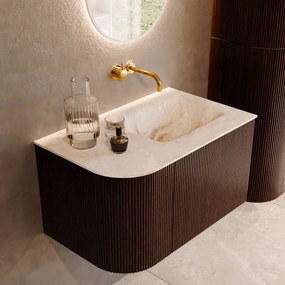 Mondiaz Kurve-dlux 75cm badmeubel ronding links ruby met 1 lade en deur en wastafel grunne rechts zonder kraangat frappe