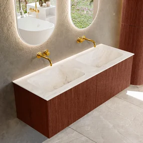 Mondiaz Kurve-dlux 130cm badmeubel ruby met 2 lades en wastafel leaf dubbel zonder kraangat frappe