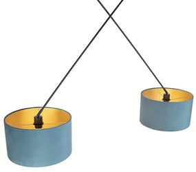 Hanglamp zwart met velours kappen blauw met goud 35 cm 2-lichts - Blitz