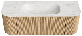 Mondiaz Kurve-dlux 130cm badmeubel ronding links/rechts oak met 1 lade en 2 deuren en wastafel big small midden zonder kraangat ostra