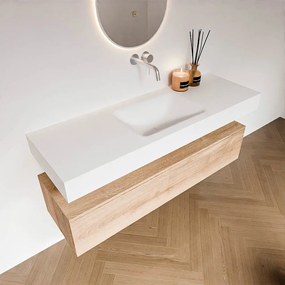 Zaro Alan badmeubel 140cm washed oak 1 lade met vrijhangende wastafel cloud midden zonder kraangat talc