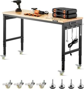 VEVOR Werkbank 1524 x 559 x 711-1030 mm, draagvermogen 907 kg, werktafel met stopcontact, wielen en ophangbord, robuuste werktafel met eikenhouten blad voor garage, werkplaats, kantoor en thuis