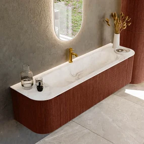 Mondiaz Kurve-dlux 170cm badmeubel ronding links/rechts ruby met 1 lade en 2 deuren en wastafel big large midden 1 kraangat frappe