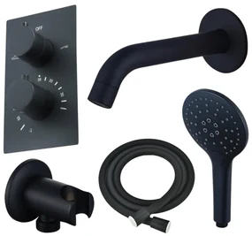 Fortifura Calvi Badkraan set - uitloop - 22cm inkortbaar - gladde slang - ronde handdouche - inbouwdeel - wandhouder - mat zwart SW542644/SW706210/SW721167/SW1122511/SW496816