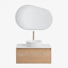 Tedrik Badkamermeubelset In Essenhout Ash Brown & Rond Keramiek Wit Ø40 Cm Lenka & Ovaal Led En Anticondens 100x65 Cm Meunier & Goud - Sklum