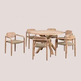 Ronde Tafelset (ø120 Cm) En 6 Eetkamerstoelen Met Armleuningen In Hout Naele Tapioca Beige - Sklum