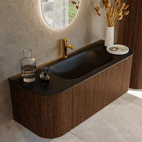 Mondiaz Kurve 120cm badmeubel ronding links/rechts walnut met 1 lade en 2 deuren en wastafel big small midden 1 kraangat urban