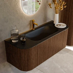 Mondiaz Kurve 120cm badmeubel ronding links/rechts walnut met 1 lade en 2 deuren en wastafel big small midden 1 kraangat urban