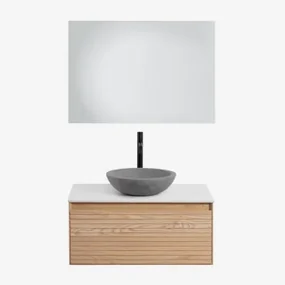 Tedrik Badkamermeubelset In Essenhout Ash Brown & Rond Grijs Cement Ø40 Cm Tarsis & Rechthoekige Led En Anticondens 100x70 Cm Tamsin & - Sklum