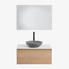 Tedrik Zwevend Badkamermeubelset Van Essenhout Ash Brown & Rond Grijs Cement Ø40 Cm Tarsis & Rechthoekige Led En Anticondens 100x70 Cm - Sklum