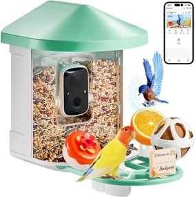VEVOR Slimme Vogelvoeder met Camera, 2K HD AI Identificeert Meer dan 10.000 Vogelsoorten, Zonne-energie Aangedreven Vogelobservatiecamera met Automatische Opname en Directe Melding, Draadloos Buitencadeau voor Vogelliefhebbers (Groen)