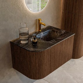 Mondiaz Kurve-dlux 75cm badmeubel ronding links walnut met 1 lade en deur en wastafel grunne kraangat rechts lava