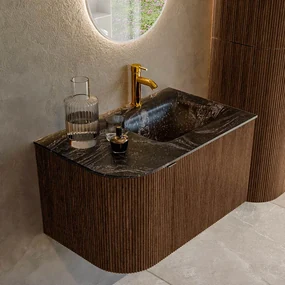 Mondiaz Kurve-dlux 75cm badmeubel ronding links walnut met 1 lade en deur en wastafel grunne kraangat rechts lava