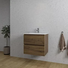Adema Chaci Badkamermeubelset - 60x46x57cm - 1 ovale keramische wasbak wit - 1 kraangat - 2 lades - noten (hout) SW1212758/SW718716