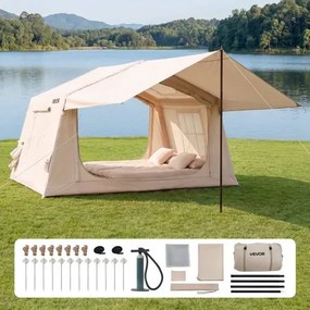 VEVOR Opblaasbare Tent, Luchttent voor 3-5 Personen met Pomp &amp; Zonnescherm, Beige, voor Buitenactiviteiten, Waterafstotend 420D Oxford-doek met Dakraam, Schoorsteenopening &amp; Gaasraam, Windbestendig