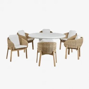 Namara Ronde Tafelset Van Cement, 140 Cm Diameter, En 6 Leilan Eetkamerstoelen Van Acaciahout. Wit - Sklum