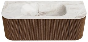 Mondiaz Kurve-dlux 120cm badmeubel ronding links/rechts walnut met 1 lade en 2 deuren en wastafel big small midden zonder kraangat frappe