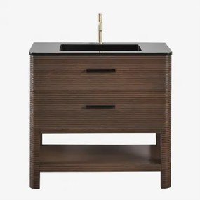 Badkamermeubelset In Hout Met Geïntegreerde Wastafel Misene Donker Hout & Spiegelloze & Geborsteld Goud ↑20 Cm Met Overloop Aftapventiel Orveta -