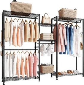 VEVOR Kledingrek (verstelbaar) met 4 kledingstangen en een draagvermogen van 385,5 kg en 7 planken en 8 haken, open kledingkast voor slaapkamer, kledingwinkel, garderobe, hal