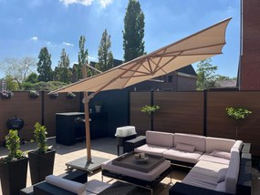 4-Seasons zweefparasol Siesta Premium 300 x 300 - Woodlook/Sand met voet en hoes
