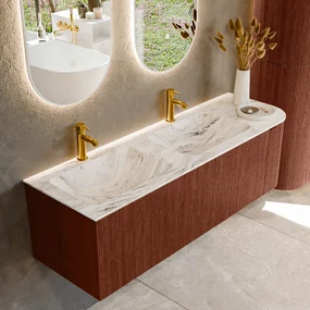 Mondiaz Kurve-dlux 145cm badmeubel ronding rechts ruby met 1 lade en deur en wastafel leaf dubbel/links 2 kraangaten glace