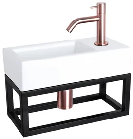 Differnz Ravo fonteinset - 38.5x18.5x25cm - Rechthoek - 1 kraangat - Gebogen koperen kraan - met zwart frame - Keramiek Wit 38.401.87