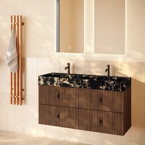 Muebles Murcia badmeubel ribbelfront 120cm walnoot met Portoro Gold wastafel met kraangaten