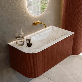 Mondiaz Kurve-dlux 95cm badmeubel ronding links ruby met 1 lade en deur en wastafel big small rechts zonder kraangat glace
