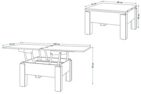 Mazzoni OSLO beton / wit mat, uitklapbare salontafel met in hoogte verstelbaar blad