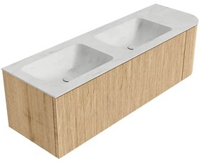 Mondiaz Kurve-dlux 145cm badmeubel ronding rechts oak met 1 lade en deur en wastafel leaf dubbel/links 2 kraangaten opalo